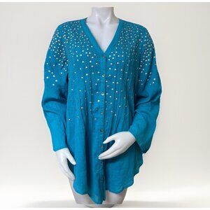 Roamans 18W Beaded Turquoise Top Womens Sequin Boho Crinkle Cotton Blouse Lined